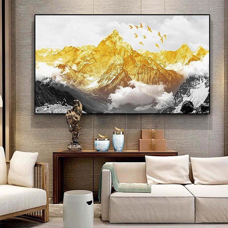 纯手绘大幅横版油画金山风景客厅装饰画新中式沙发背景墙书房挂画