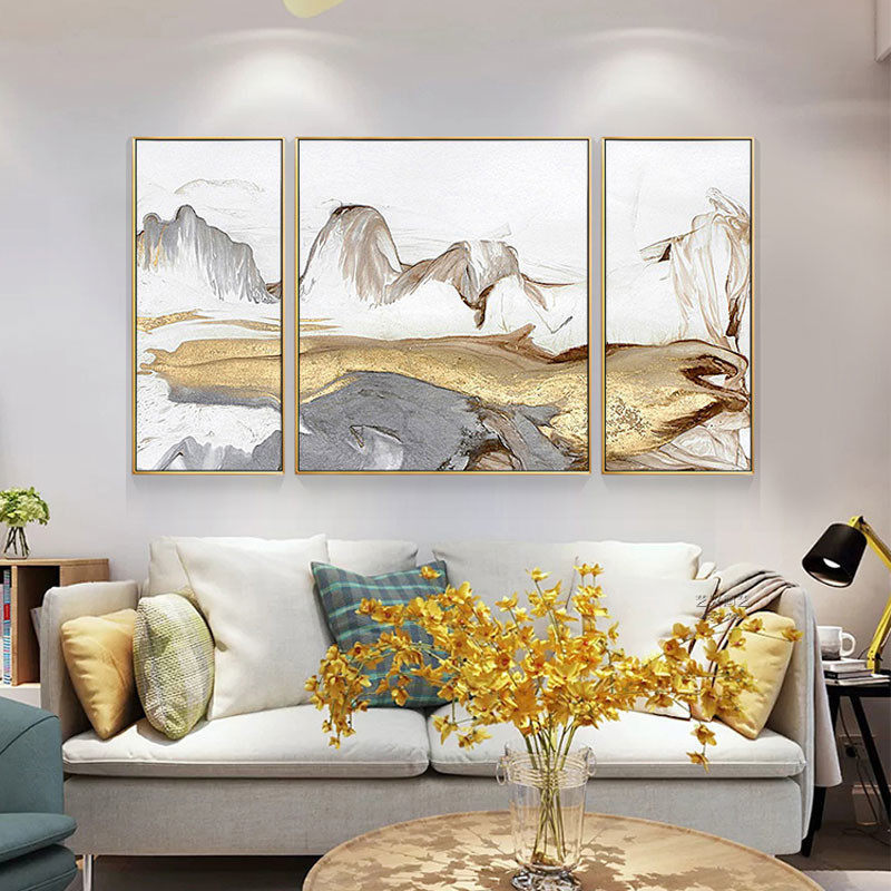 简约现代客厅装饰三联画沙发墙壁竖版手工挂画山水风景手绘油画