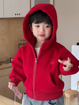 加绒连帽红色卫衣男童外套