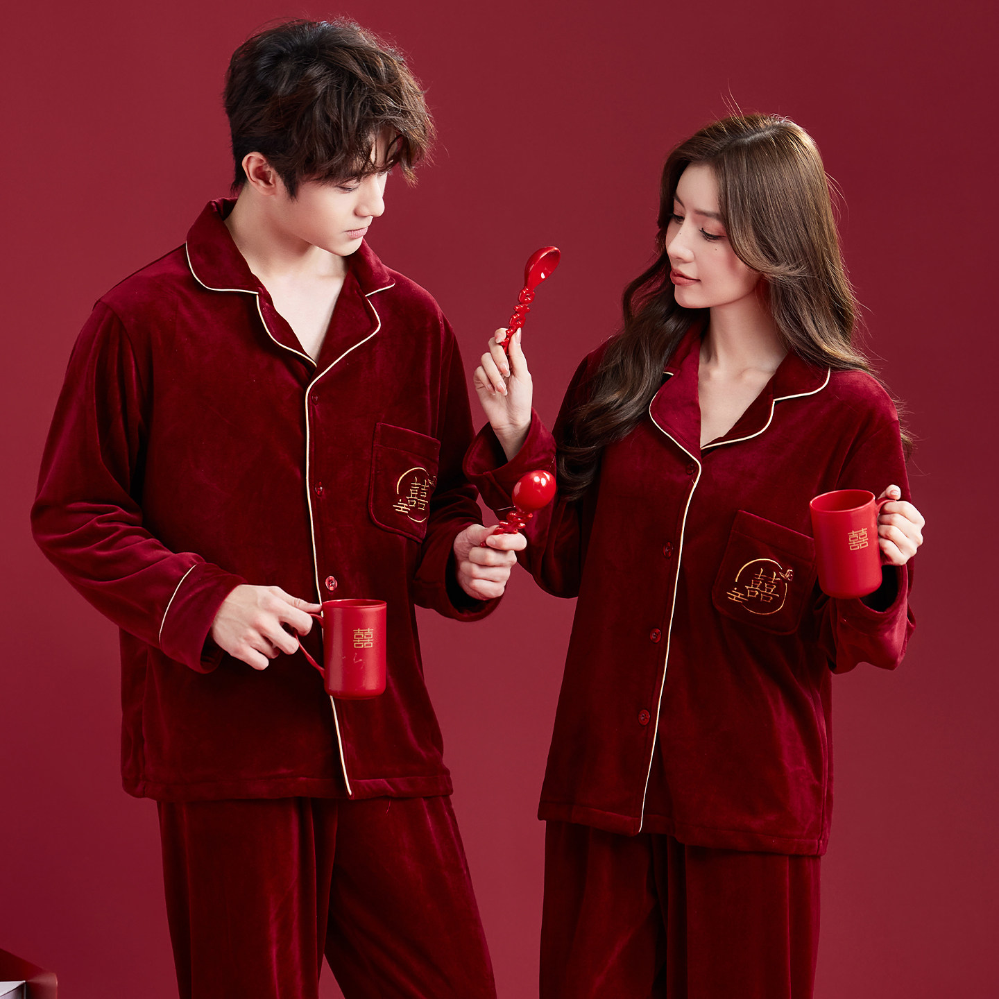 冬季海岛绒红色情侣睡衣女结婚新婚保暖加厚家居服男新款两件套装,女士内衣/男士内衣/家居服,睡衣/家居服套装,淘宝优惠券,粉丝福利购,淘宝优惠卷