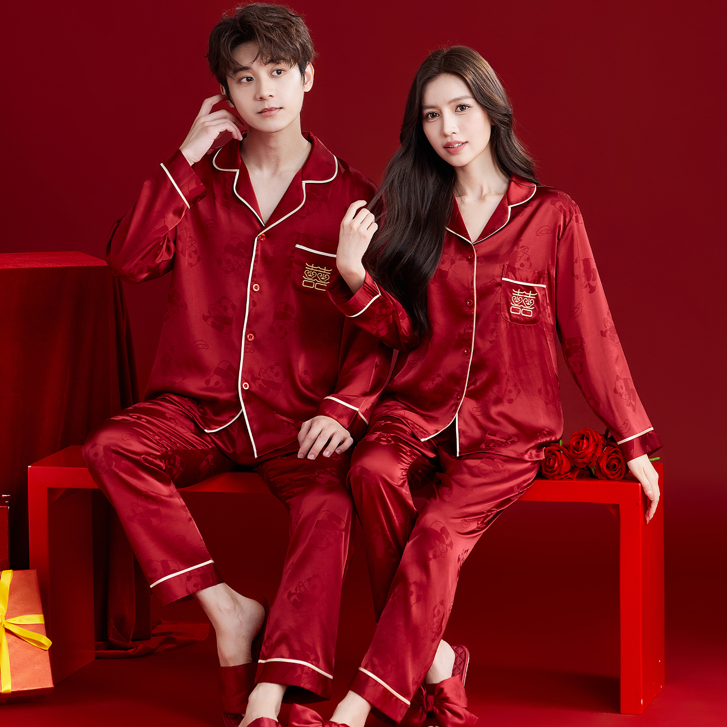 结婚新婚两套价红色情侣睡衣女冰丝春秋季卡通熊猫家居服男礼盒装