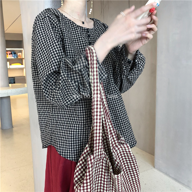 uno una原創設計複古寬松顯瘦特色系扣栗子棕格子圓領長袖襯衫在類目 女裝/女士精品, 襯衫中 - 來自Buy2taobao.com提供專業的淘寶代購服務