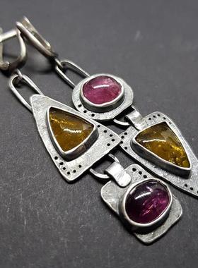 复古几何三角金属吊坠耳环紫橙色不对称耳环女复古饰品礼物新