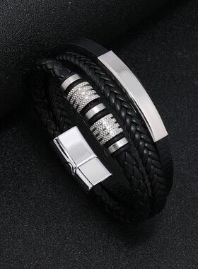 新款创意编织皮革皮绳皮手链个性时尚钛钢配饰手环磁吸扣