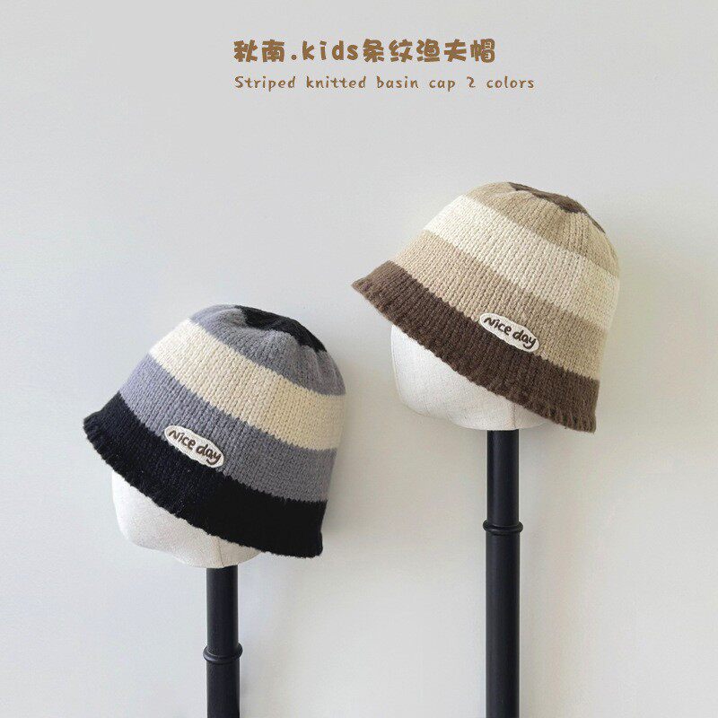 韩国儿童帽子秋冬新款ins针织条纹男童女童毛线帽渔夫帽