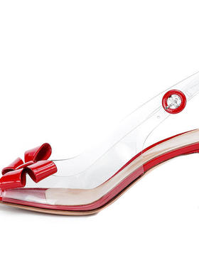 新款性感尖头红色白色漆皮包边结透明pvc细高跟宴会party婚鞋单鞋