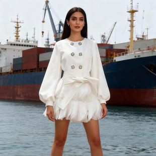 单件 收腰高级感连衣裙棉涤灯笼袖 法式 贵气荷叶边拼接短裙2025冬季