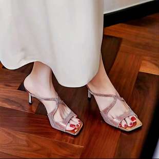 爆闪粉人鱼姬25年春夏性感镂空交叉带露趾高跟拖鞋 女配裙jimmytx