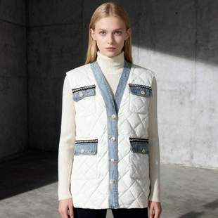 新款 V领马甲单排扣牛仔拼接菱形宽松轻薄羽绒服外中等 秋冬时尚