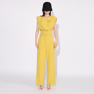 2025秋冬无袖系带结背心高腰直筒裤两件套套装女式时尚套装纯色