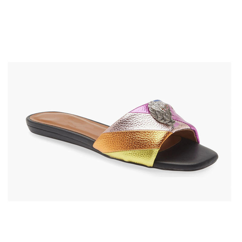 2024外贸夹层圆头鱼嘴后空鹰型金属色条纹图案平底拖鞋女鞋XY6579