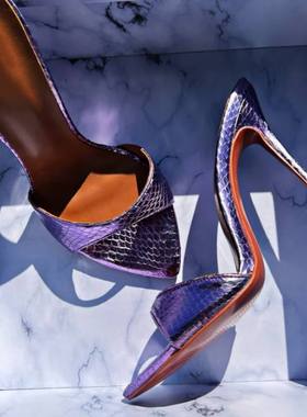 时装凉鞋尖头紫色蛇纹细跟外贸女鞋走秀高跟鞋sandals 46 47