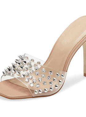 欧美女士外贸大码透明PVC方头细高跟凉拖鞋银钉时装穆勒拖橡胶