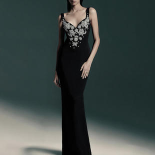 黑色吊带礼服银色镶钻花朵拼接修身 高级感连衣裙 鱼尾长裙2025冬季