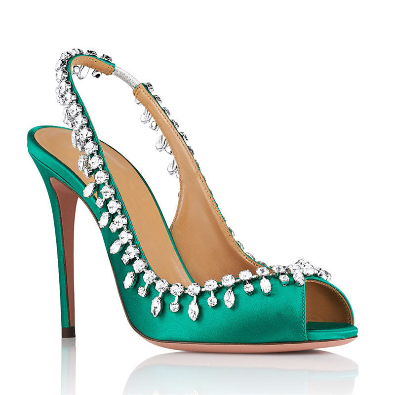 8CM欧美时装凉鞋 水钻绸缎外贸高跟鞋速卖通bridal shoes仿皮