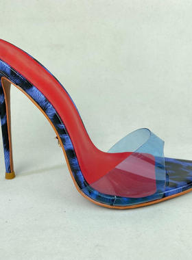时装凉鞋欧美尖头蓝色豹纹PVC细跟外贸女鞋high heels高跟鞋