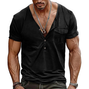 T恤OM 新款 2免烫处理 短袖 宽松复古口袋亨利衫 欧美大V领夏季 男士