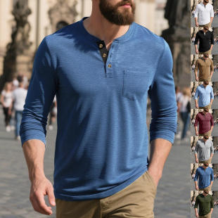 欧美男装 外贸男式 长袖 打底衫 体恤亨利领上衣男 圆领T恤男士 新款