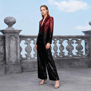 渐变黑白亮片西装 套装 外套2025直筒裤 时尚 两件套套装 欧美热销爆款