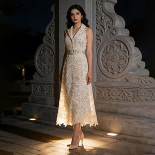 新款莫奈睡莲油画色系翻领无袖腰带长裙2025秋季蕾丝镂空连衣裙女