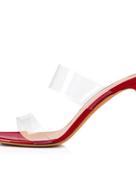 新款红色银色漆皮包边透明PVC细高跟宴会party凉拖鞋大码外贸原单