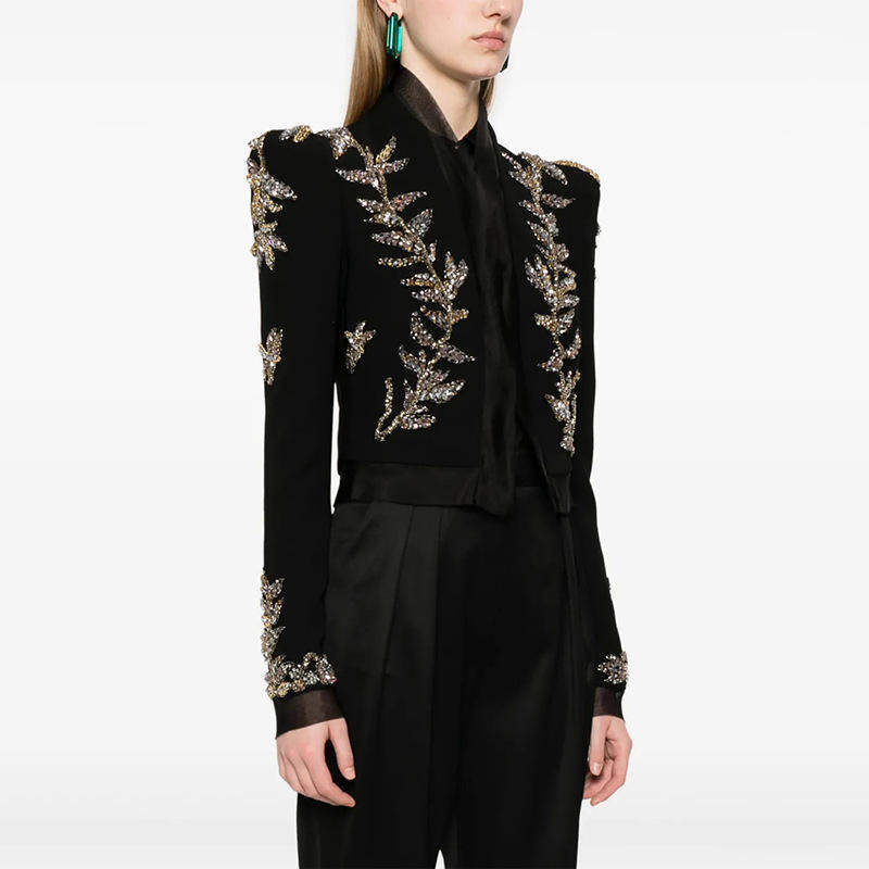 新款欧美风气质修身外套女2025秋季镶钻拼贴高级感短款小西装长袖