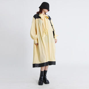 女连衣裙单件 收腰长款 都市休闲显瘦2025秋季 系带设计皮革拼接长袖