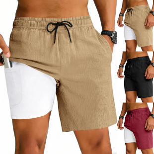 跨境欧美GYM男夏季 速干运动慢跑假两件双层健身功能休闲短裤