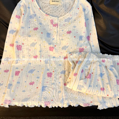 侘町秋季上新粉色小飞象可爱风针织提花双层棉纱睡衣韩系家居服