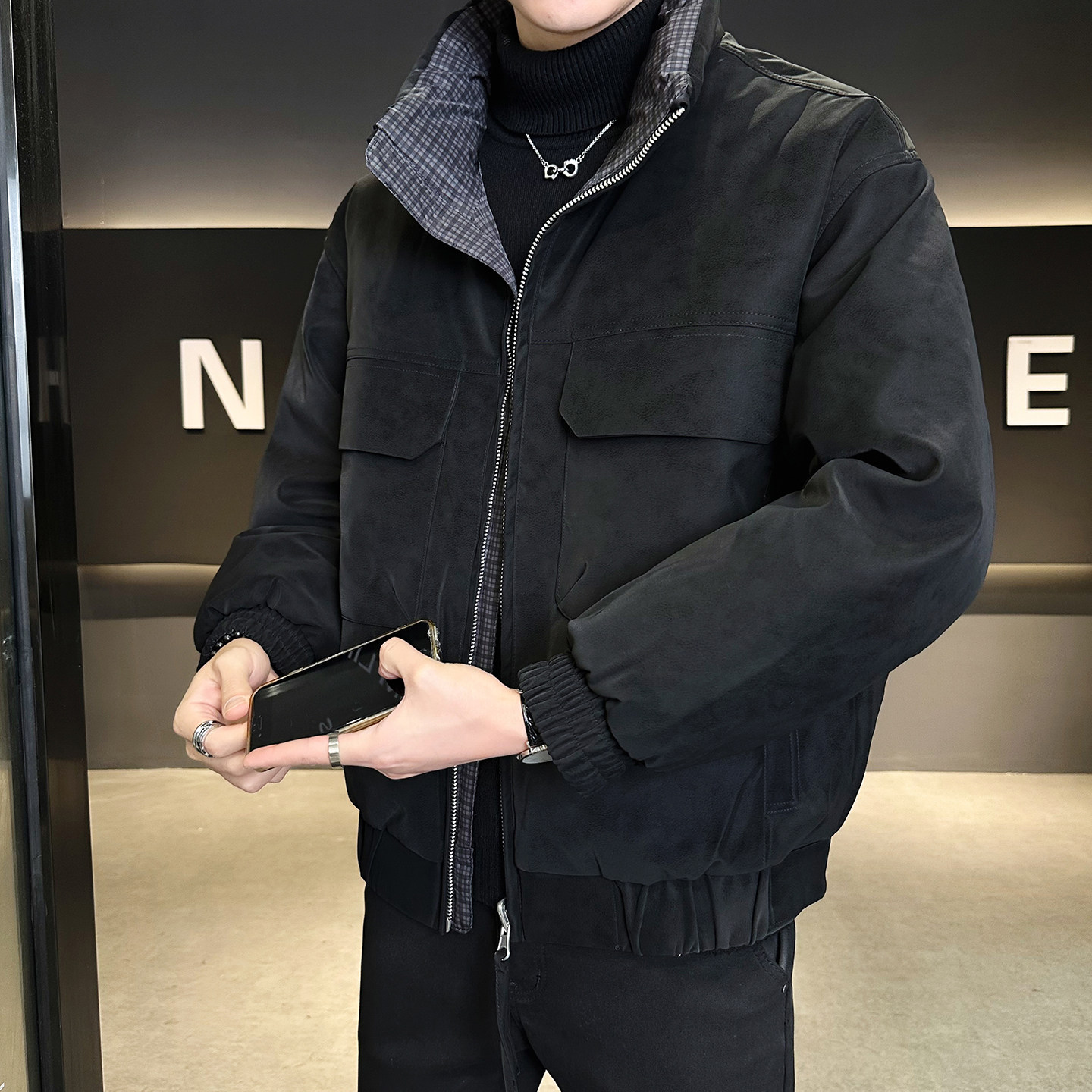 鹅绒标90绒皮羽绒服男士双面穿外套B320-5572-P365有成衣报告,男装羽绒服,电商B320