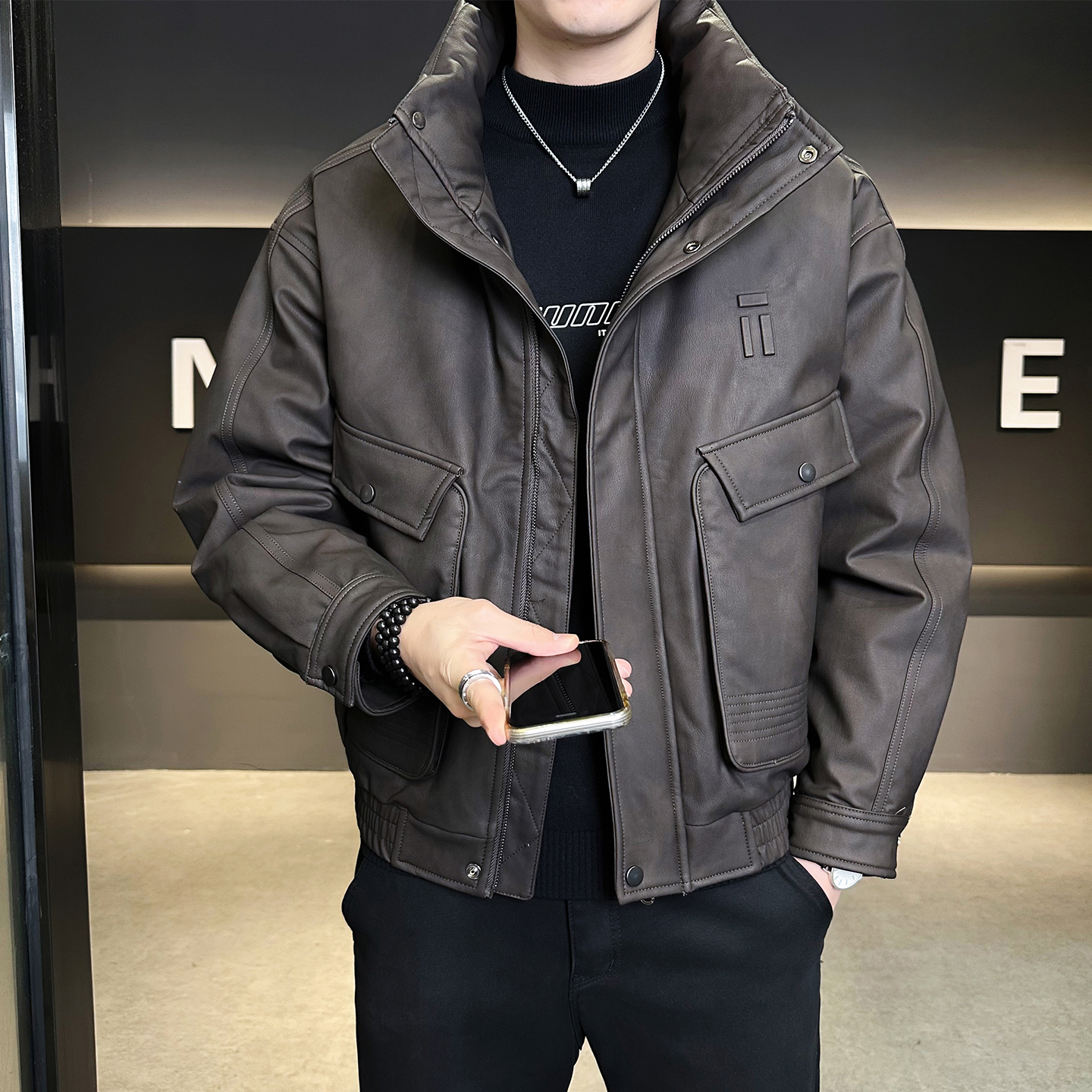 新标90绒美式皮衣羽绒服男冬季2025新款休闲外套B320-818-P305，男装皮衣，电商B320