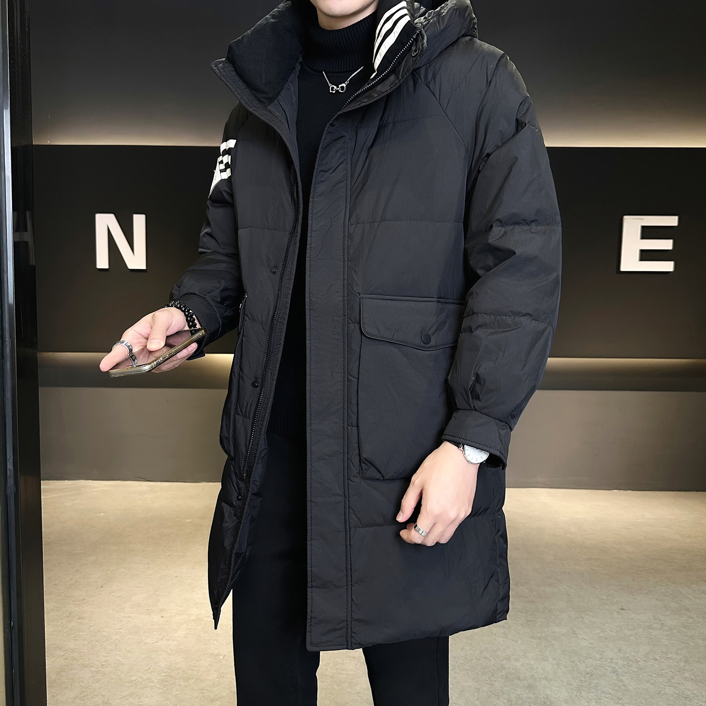 新标90绒情侣中长款羽绒服男士连帽25冬季外套男B320-896-P310,男装羽绒服,电商B320