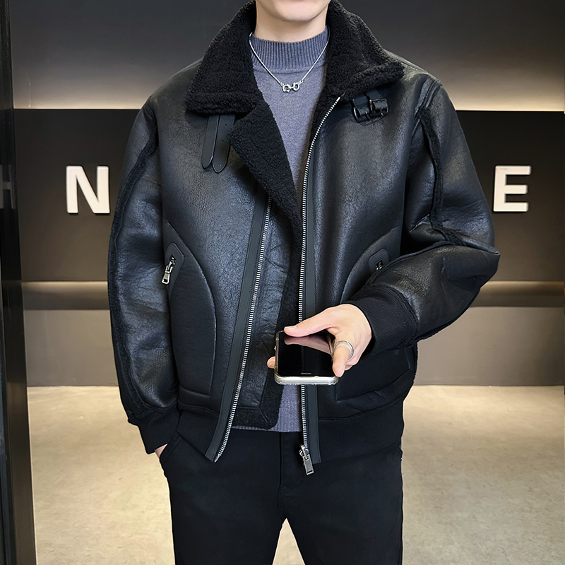 皮毛一体外滩男装2025新款休闲时尚加绒皮衣夹克男B320-3511-P225，男装夹克，电商B320