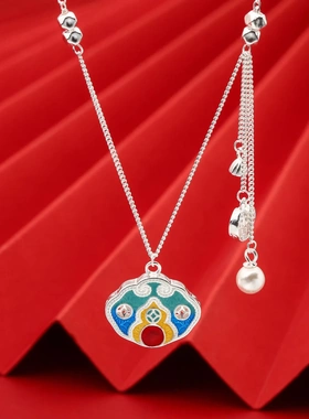 足银990珐琅锁包珍珠项链搭高级感新中式国风珐琅送闺蜜生日