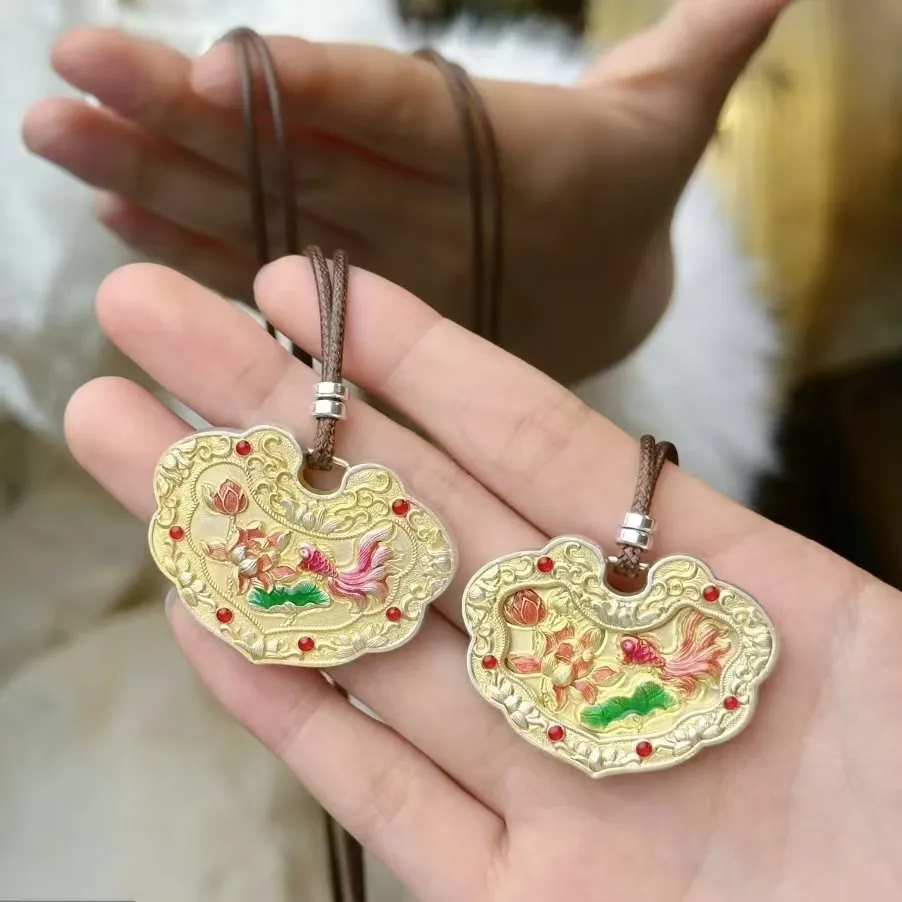 7459号 直播爆款足银 999.9 吊坠足银珐琅 【荷鲤欢套链国风荷花