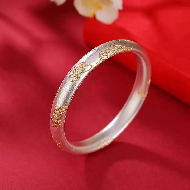 6529号   足银999.9新中式国风描金锦鲤莲花手镯轻奢高级感送女友