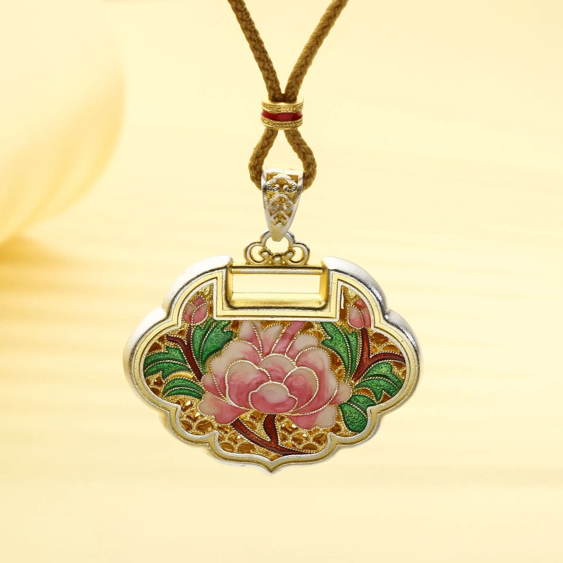 8747号 足银999.9描金珐琅牡丹花如意锁项链精致百搭直播爆款