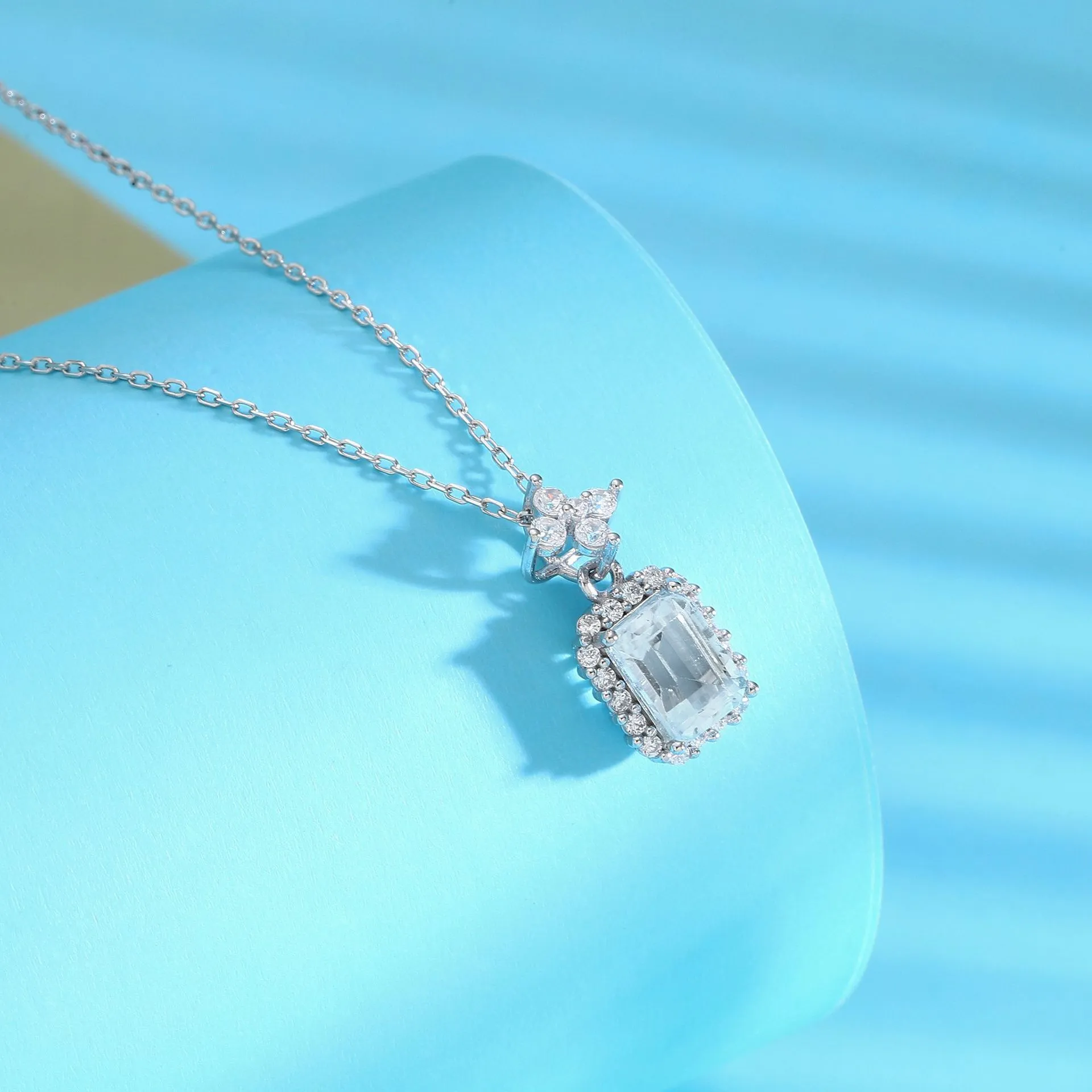 8631号S925银天然托帕石镶钻方形项链新款百搭小众设计锁骨链