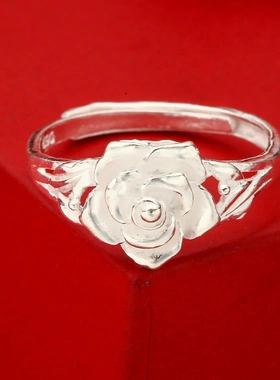 7719号足银990玫瑰花戒指开口尾银手工民族风工厂直销直播爆款