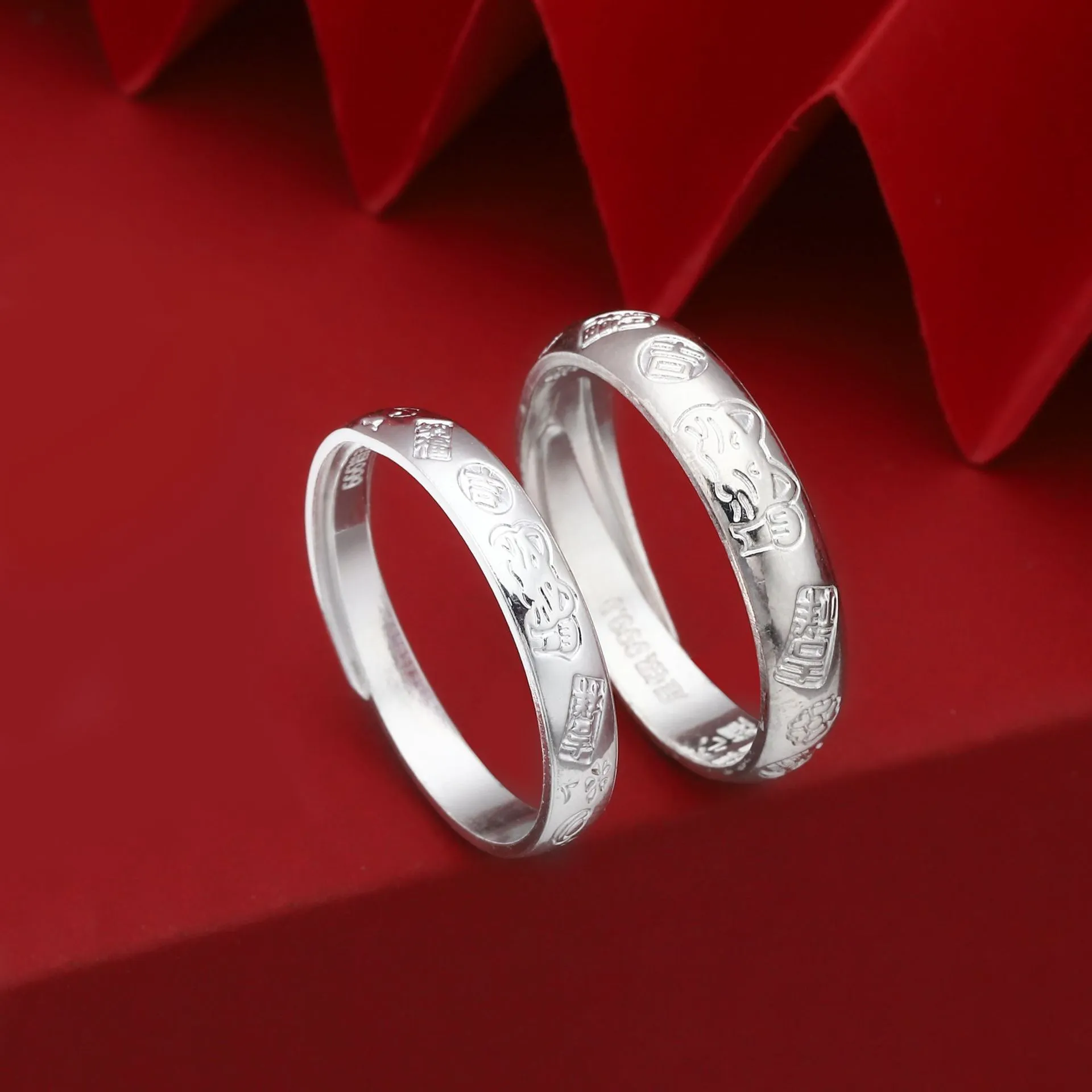 中国金铺9999足银戒指开口吉言招财猫纯银戒指男女情侣款对戒指环