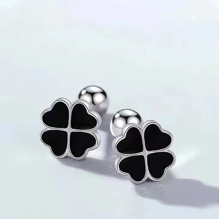 S999纯银螺丝拧扣滴油四叶草养耳洞耳钉女双头男睡觉免摘防掉耳环