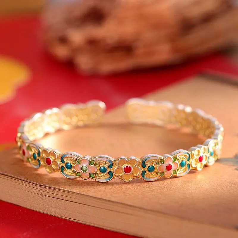 1中国金铺足银9999新中式描金珐琅蒲扇花手镯