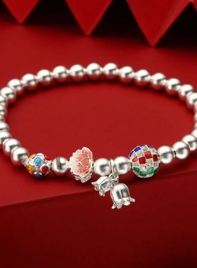 7931号足银999.9珐琅莲花吊铃兰花古法珠手链国潮小众直播爆款