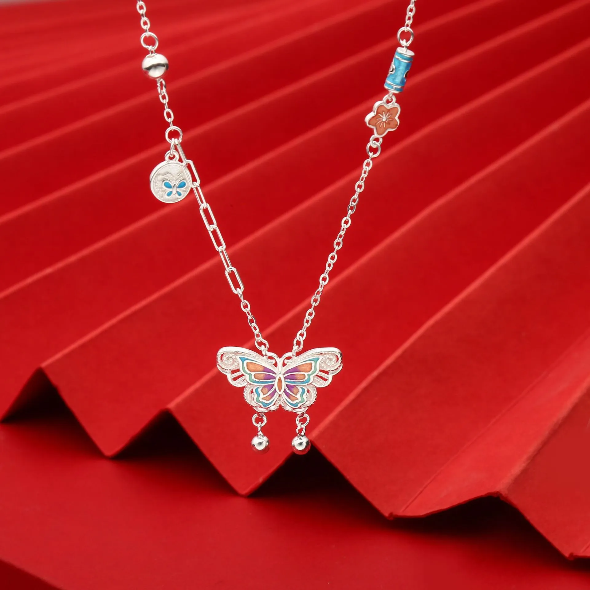 1中国金铺足银990国风珐琅蝴蝶流项链纯银国潮吊坠高级感生日礼物