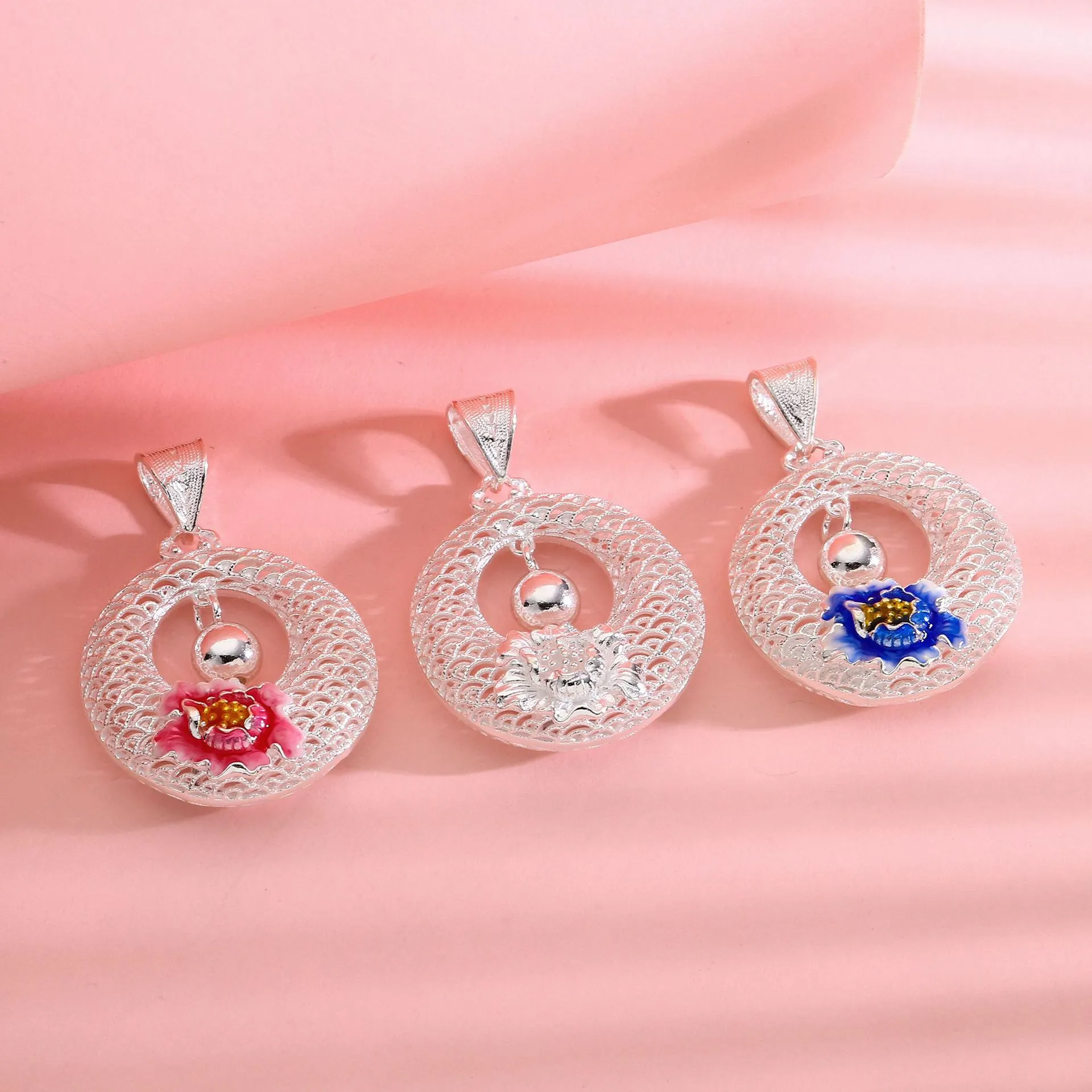 8623号足银990花丝牡丹吊珠平安扣吊坠平安掐丝手工直播爆款