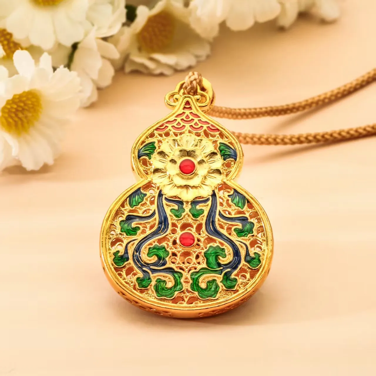 7462 号 足银999镀金珐琅满福传家葫芦吊坠项链新中式国潮风项链