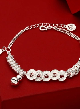 7581号B款足银990新中式钱币吊葫芦盘缠串珠手链国潮轻奢小众葫芦