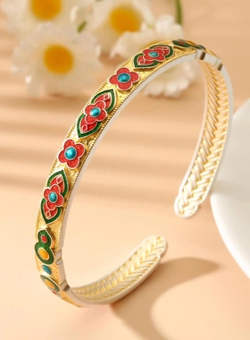 8303号足银999.9描金珐琅四叶草宝相花手镯轻奢小众国潮风银镯