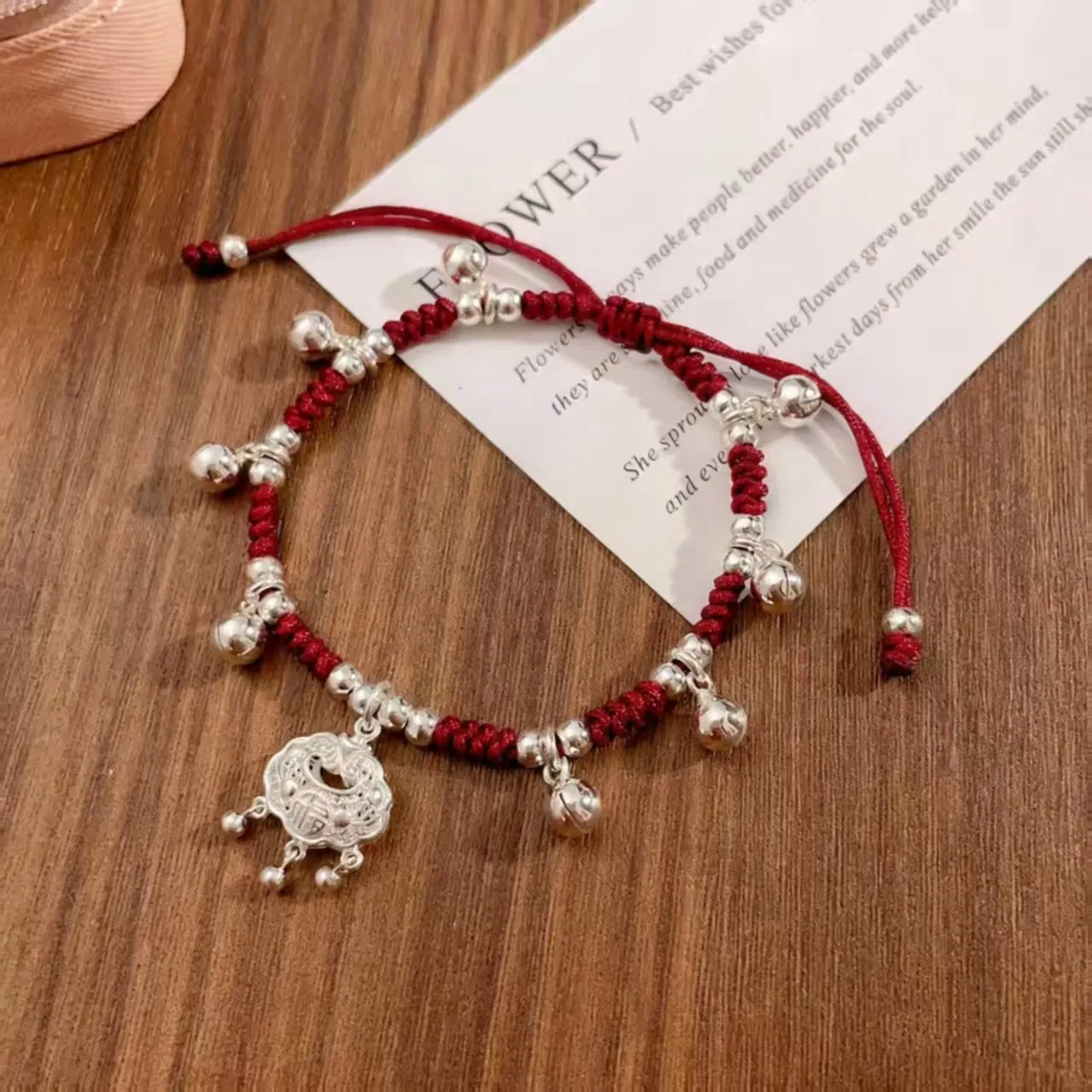 8745号足银999平安锁铃铛小红绳手链编绳纯银饰项链本命年礼