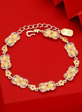 7528号足银999.9描金珐琅彩紫色双如意手链国风爆款直播爆款